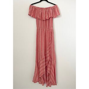 Elan‎ Off Shoulder Maxi Dress Women Medium Pink Boho Ruffle Slit Vacation Casual